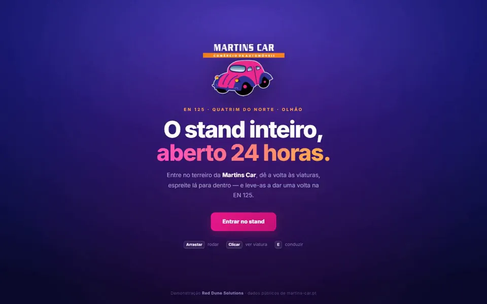 Captura da maqueta Martins Car: fundo roxo, um carro cor-de-rosa e o título «O stand inteiro, aberto 24 horas.»