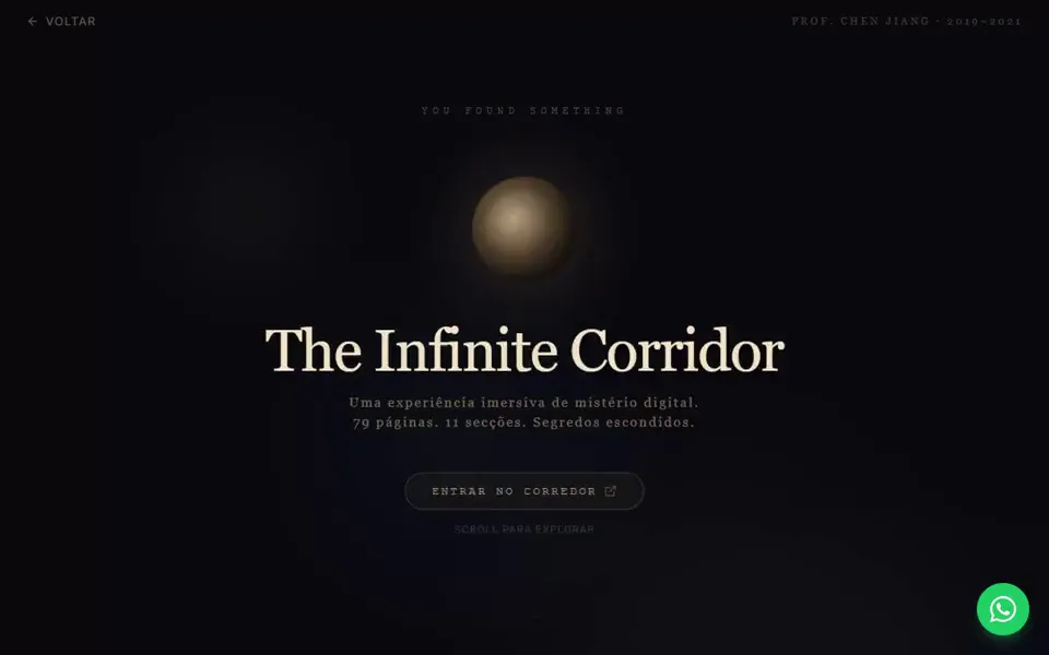 Captura de The Infinite Corridor: o título em letras claras sobre fundo escuro, com uma luz ao centro.