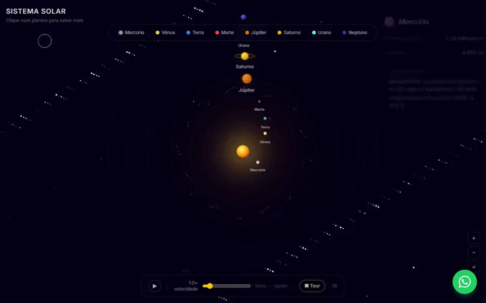 Captura do Sistema Solar: o Sol ao centro e os planetas nas suas órbitas, sobre fundo escuro.