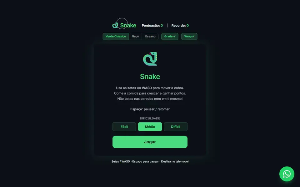 Captura do Snake: o menu inicial verde sobre fundo escuro, com a escolha de dificuldade e o botão Jogar.