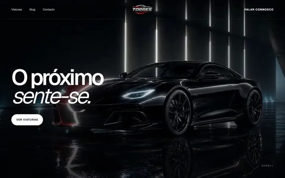 Captura da maqueta Torres Cars: um carro desportivo preto num estúdio escuro e o título «O próximo sente-se.»